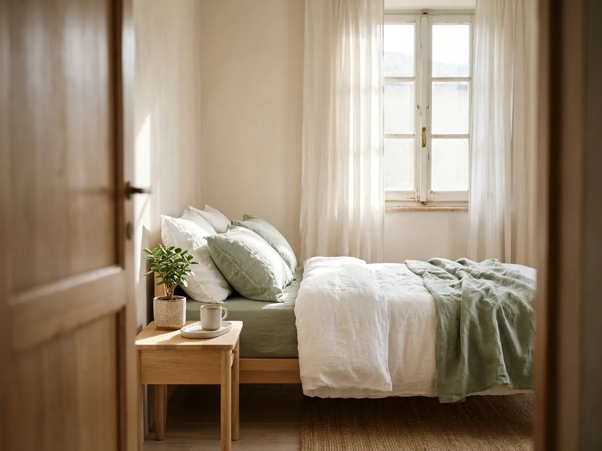 Camera da letto ordinata con letto rifatto e luce del mattino