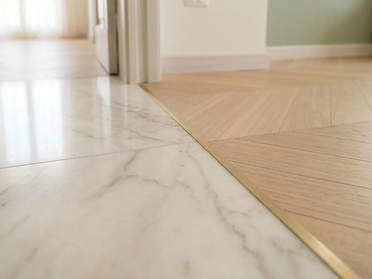 Dettaglio di pavimento in marmo e parquet in un corridoio luminoso