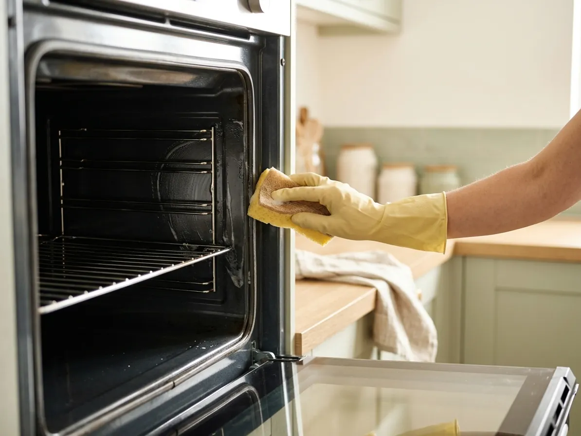 Pulizia dell'interno di un forno con spugna e guanti