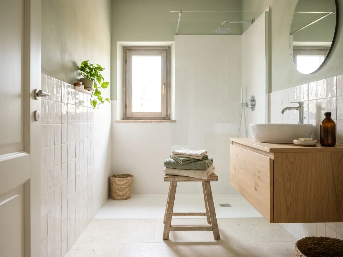 Bagno pulito con piastrelle bianche e asciugamani piegati