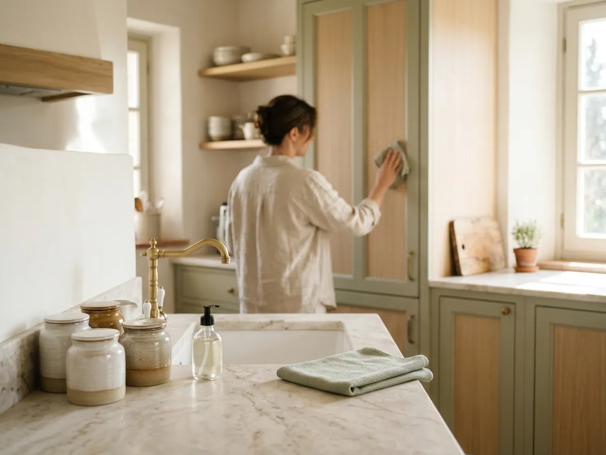 Cucina luminosa con piano in marmo durante la pulizia