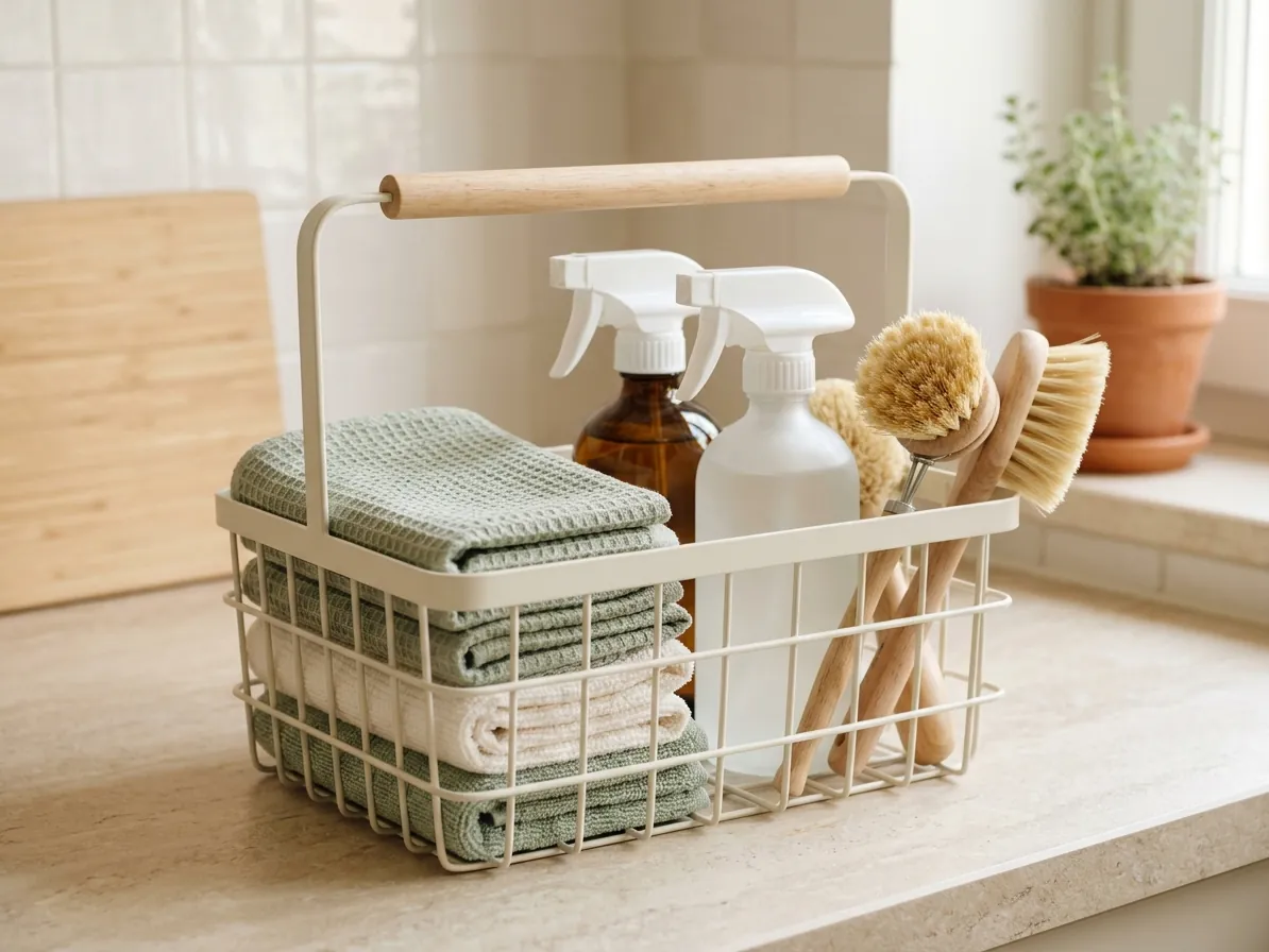 Contenitore con panni, spazzole e flaconi spray su un piano cucina