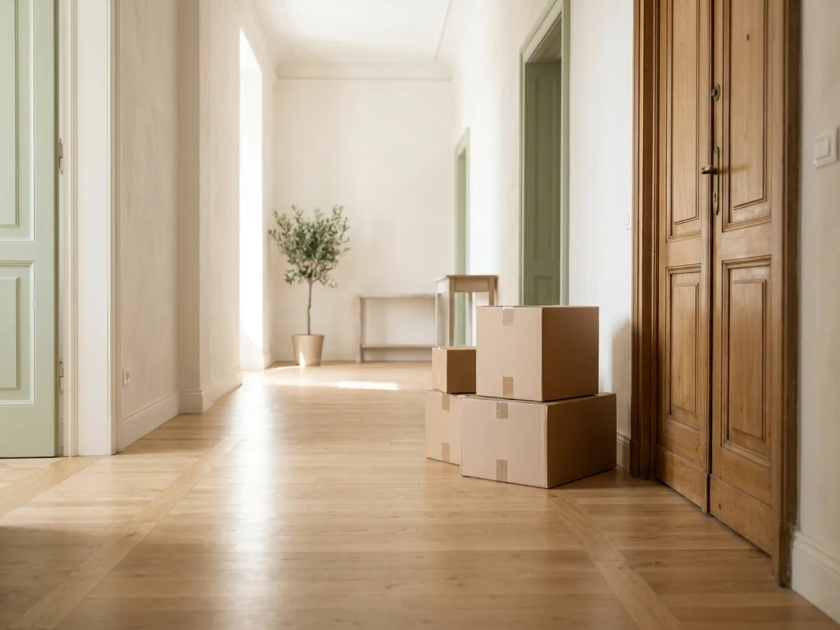 Ingresso di un appartamento vuoto con scatole per il trasloco