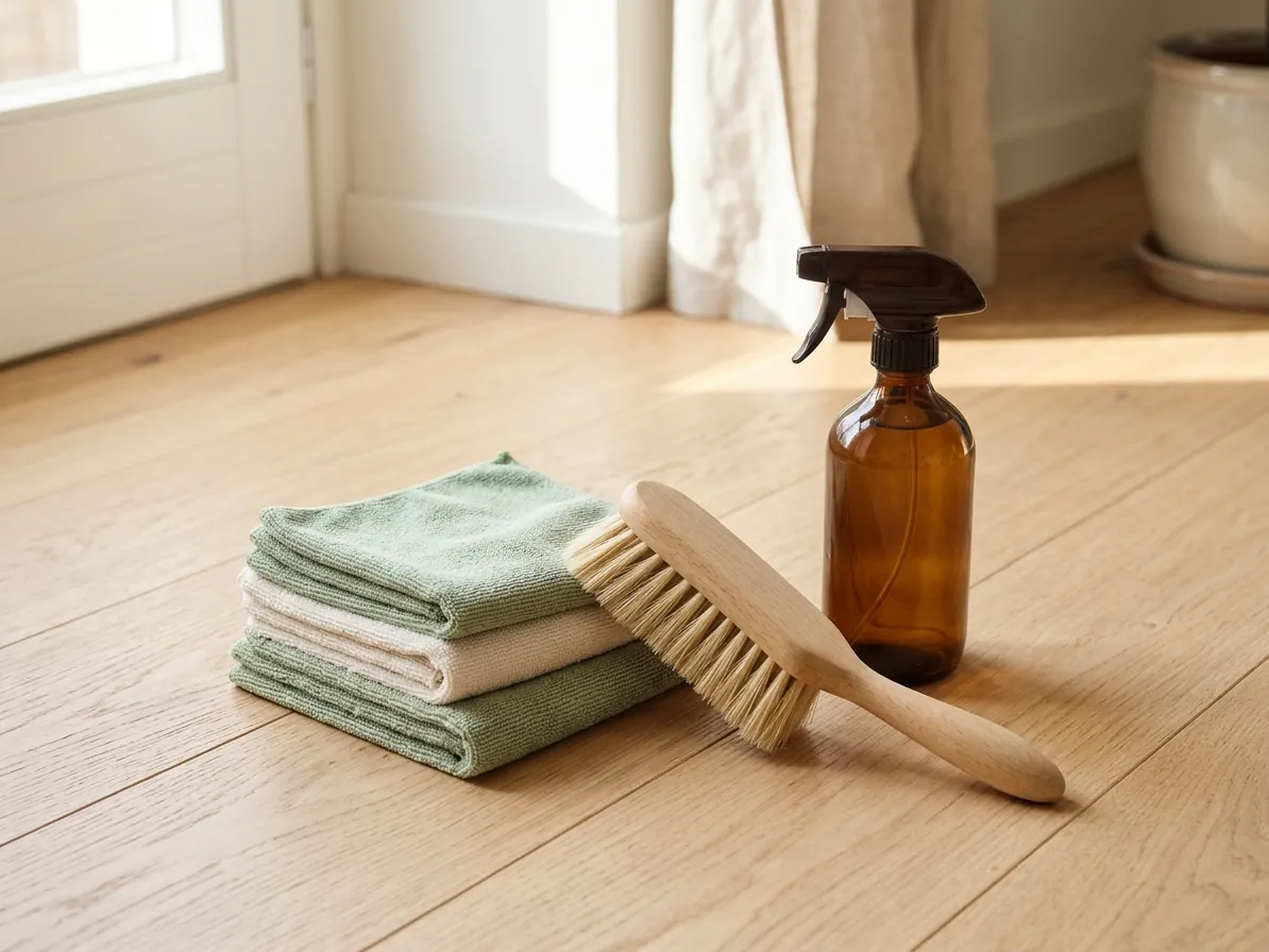 Panni in microfibra, spazzola e flacone spray su un pavimento in legno